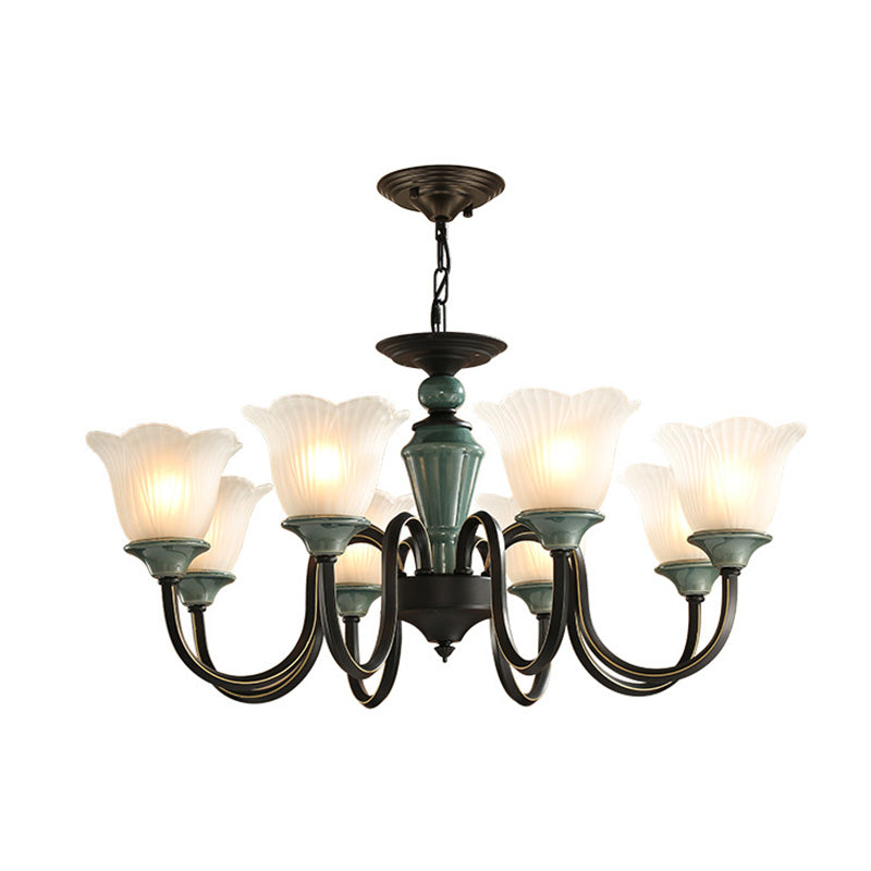 Blackish Green Floral Suspension Light Rustic Frosted Glass Living Room Chandelier Light with Curved Arm