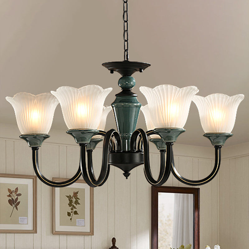 Blackish Green Floral Suspension Light Rustic Frosted Glass Living Room Chandelier Light with Curved Arm