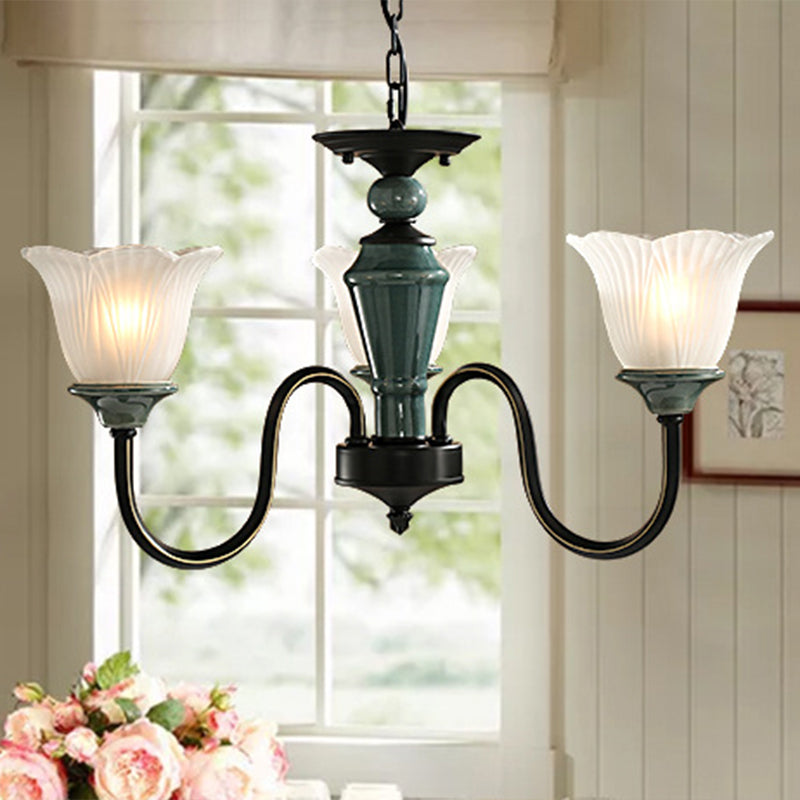 Blackish Green Floral Suspension Light Rustic Frosted Glass Living Room Chandelier Light with Curved Arm