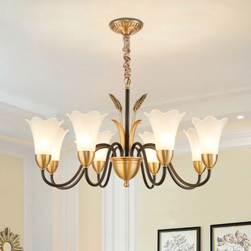 Flower Dining Room Chandelier Lighting Classic Cream Frosted Glass Gold Pendant Light