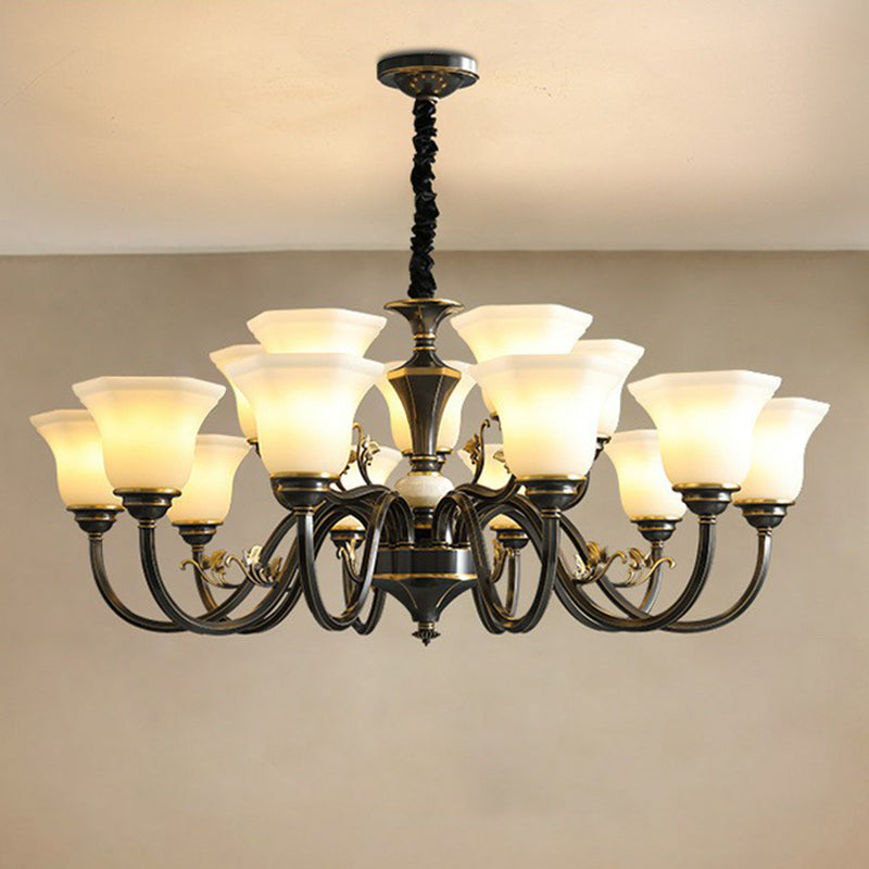 Black Ceiling Lighting Traditional Iron Curved Arm Chandelier Light Fixture with Flared Frosted Glass Shade