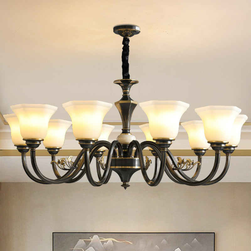 Black Ceiling Lighting Traditional Iron Curved Arm Chandelier Light Fixture with Flared Frosted Glass Shade