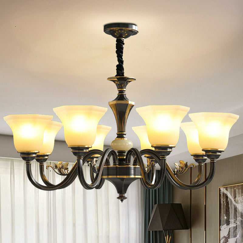 Black Ceiling Lighting Traditional Iron Curved Arm Chandelier Light Fixture with Flared Frosted Glass Shade