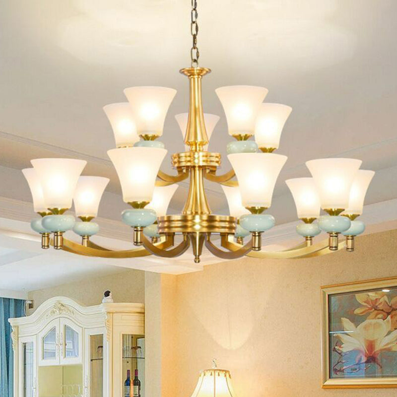 Vintage Flared Shade Chandelier Pendant Light Frosted Glass Hanging Light in Gold for Living Room