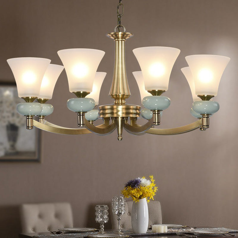 Vintage Flared Shade Chandelier Pendant Light Frosted Glass Hanging Light in Gold for Living Room