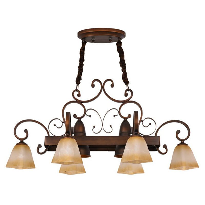 Swirled Arm Dining Room Chandelier Lighting Classic Metal Copper Pendant Light with Bell Beige Glass Shade