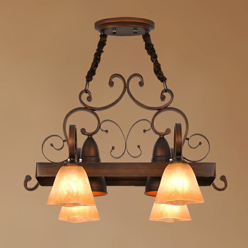 Wirbelter Arm Esszimmer Kronleuchter Beleuchtung Klassischer Metallkupfer -Anhänger Licht mit Bell Beige Glasschatten
