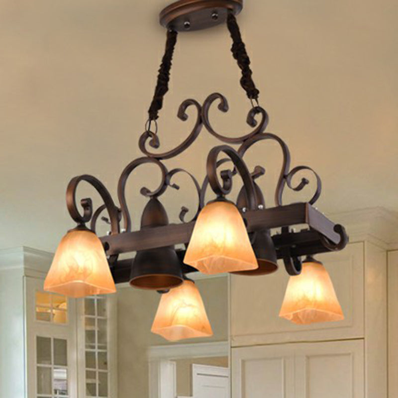 Swirled Arm Dining Room Chandelier Lighting Classic Metal Copper Pendant Light with Bell Beige Glass Shade
