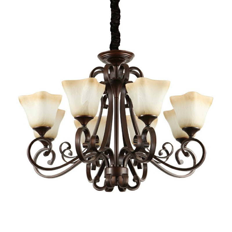 Traditional Bell Ceiling Lighting Opal Glass Chandelier Light Fixture with Scroll Arm in Copper
