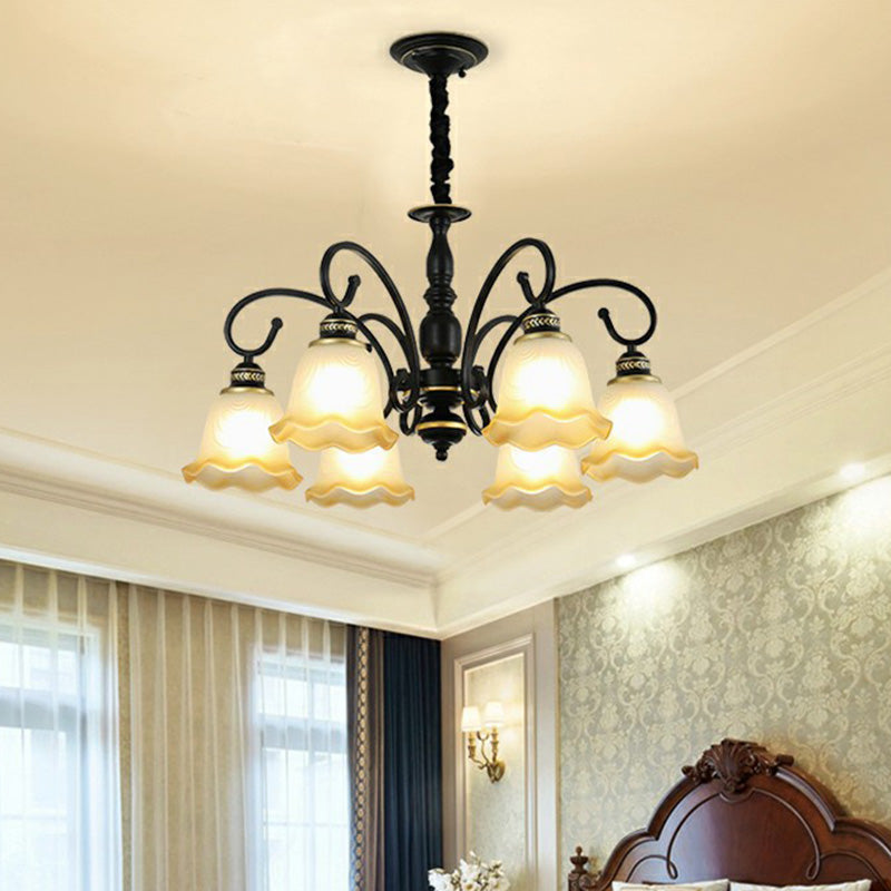 Rustic Bell Shade Suspension Light White Glass Chandelier Light with Ruffle Trim for Dining Room