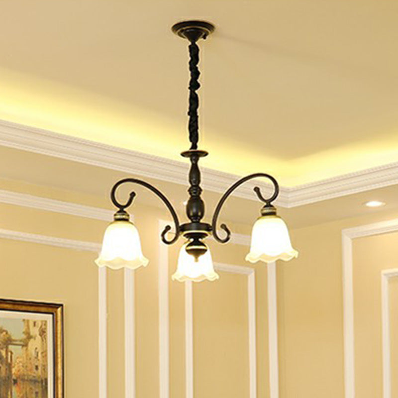 Rustikale Glockenschatten -Suspension hell weißes Glas Kronleuchter Licht mit Rüschenverkleidung für Esszimmer