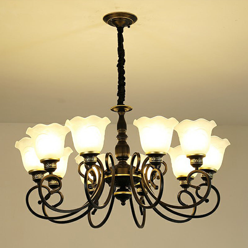 Rustic Bell Shade Suspension Light White Glass Chandelier Light with Ruffle Trim for Dining Room