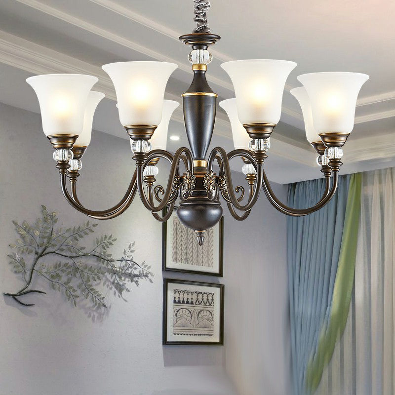 Black Curved Chandelier Pendant Light Vintage Iron Living Room Hanging Light with Bell Opal Glass Shade