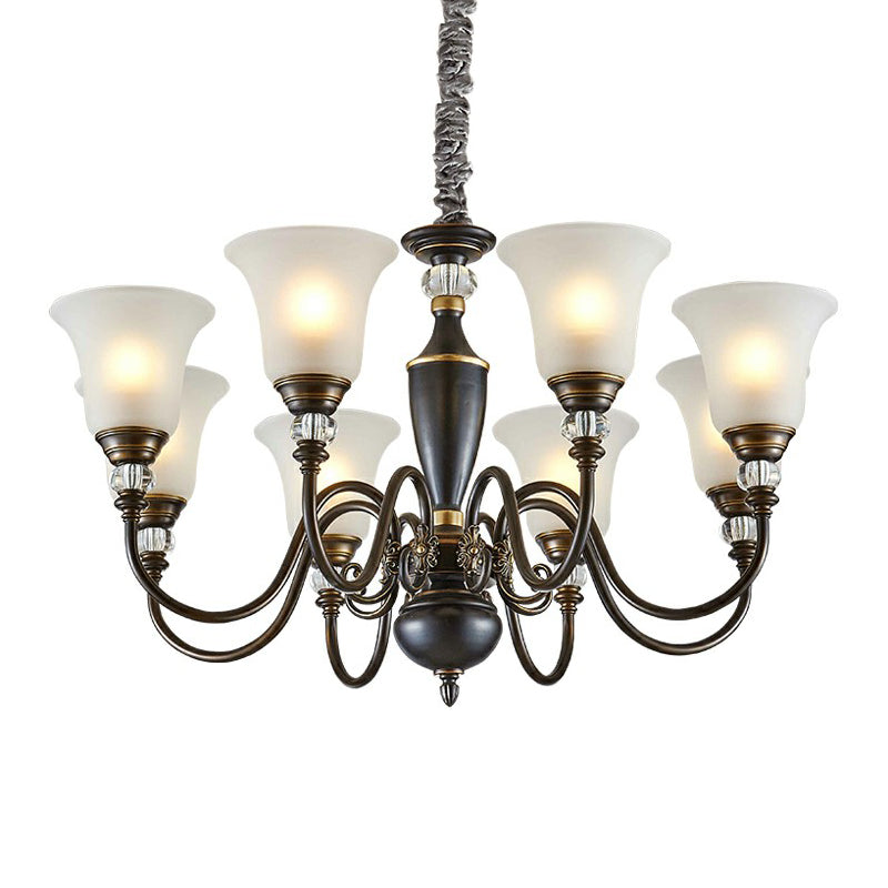 Black Curved Chandelier Pendant Light Vintage Iron Living Room Hanging Light with Bell Opal Glass Shade