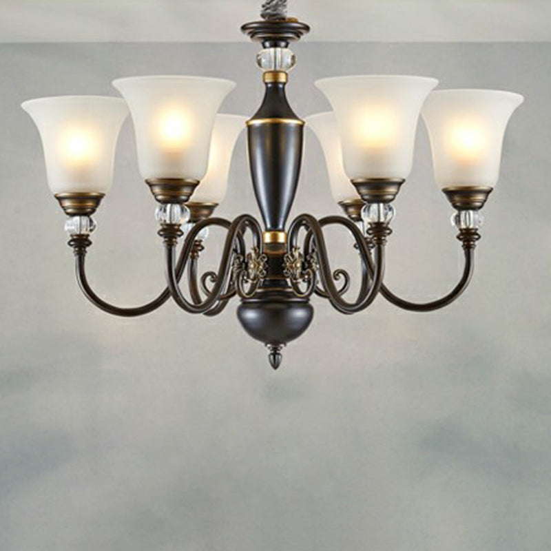 Schwarz gebogener Kronleuchter anheizt helles Vintage Eisen Wohnzimmer hängend Licht mit Glocken Opalglas Schatten