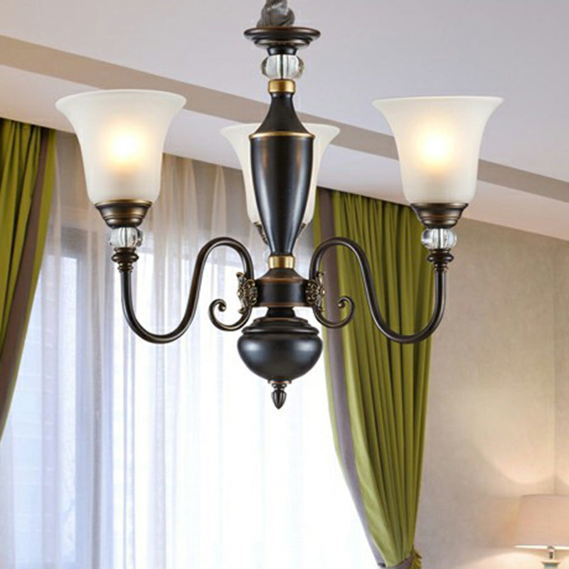 Schwarz gebogener Kronleuchter anheizt helles Vintage Eisen Wohnzimmer hängend Licht mit Glocken Opalglas Schatten