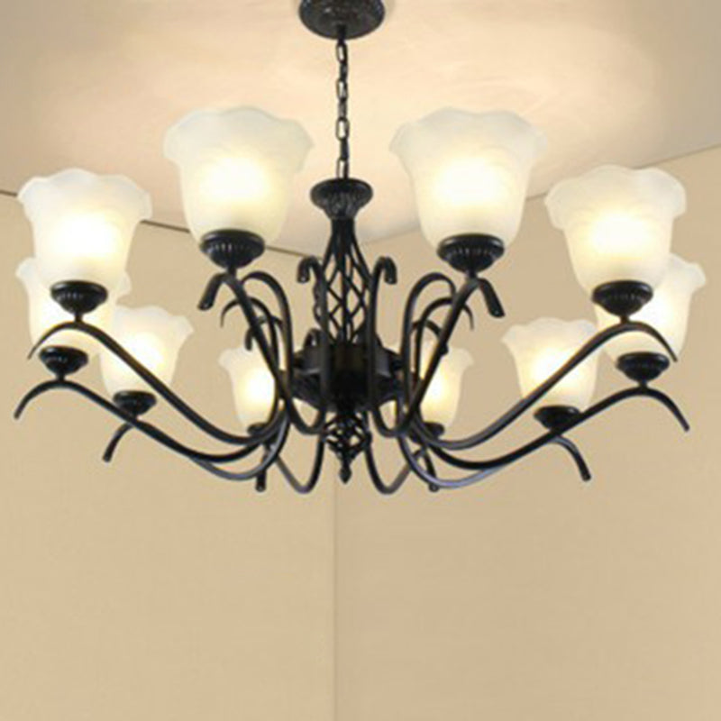 Rustic Bell Shade Ceiling Lighting Cream Glass Chandelier Light Fixture in Black for Bedroom