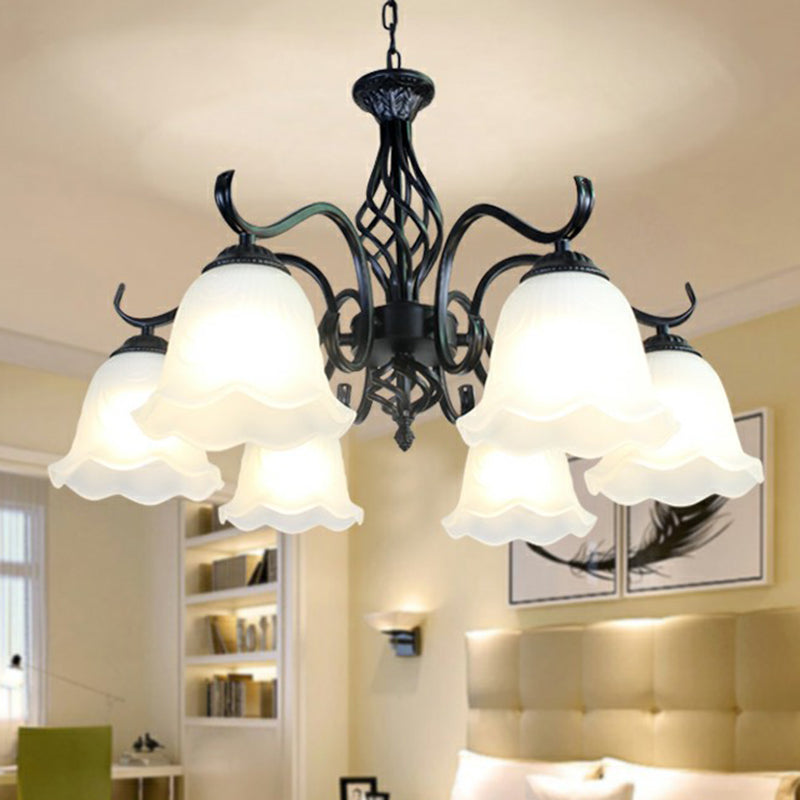 Rustic Bell Shade Ceiling Lighting Cream Glass Chandelier Light Fixture in Black for Bedroom