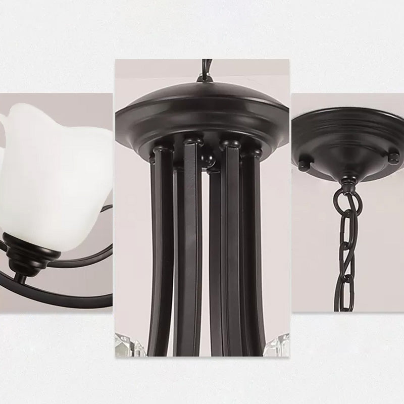 Classic Floral Chandelier Lighting Iron Pendant Light with Ruffled Cream Glass Shade