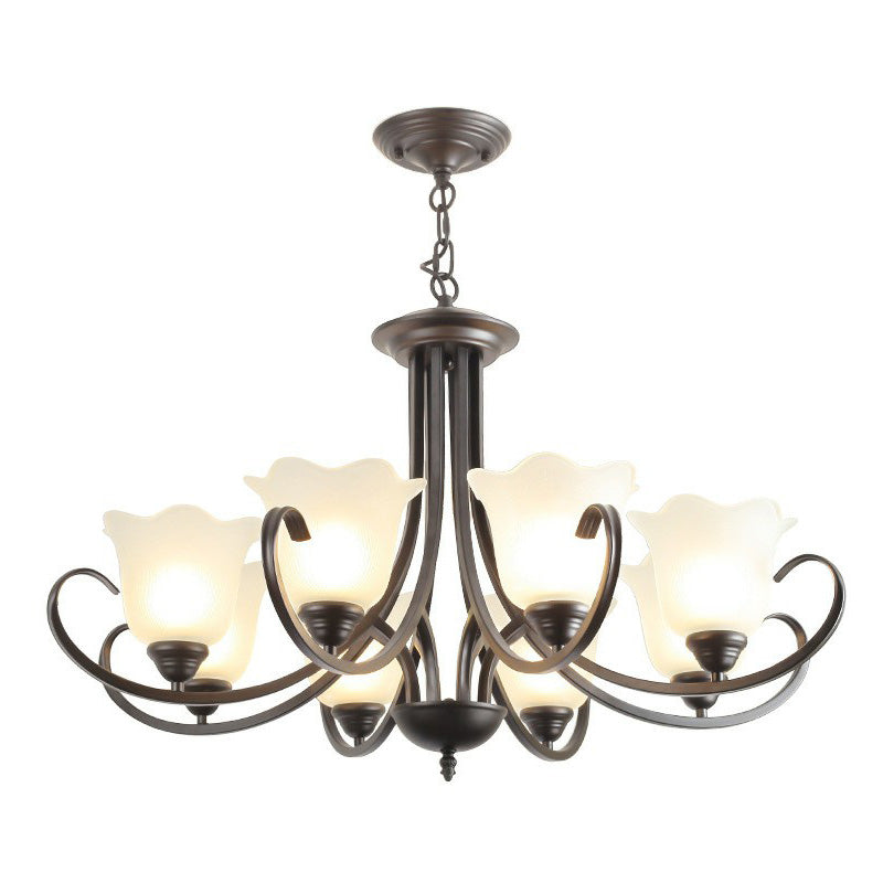 Classic Floral Chandelier Lighting Iron Pendant Light with Ruffled Cream Glass Shade