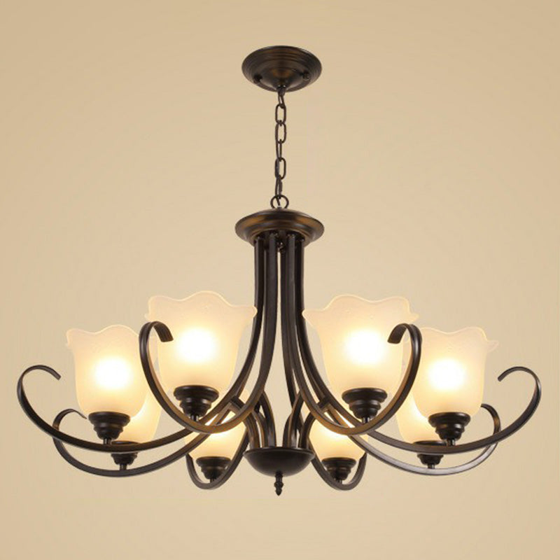 Classic Floral Chandelier Lighting Iron Pendant Light with Ruffled Cream Glass Shade