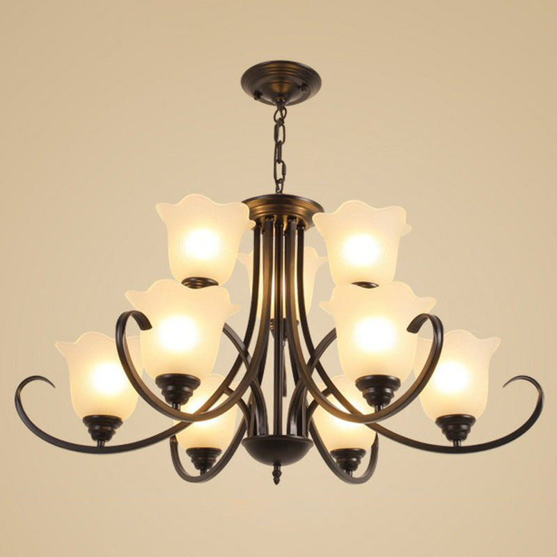 Classic Floral Chandelier Lighting Iron Pendant Light with Ruffled Cream Glass Shade