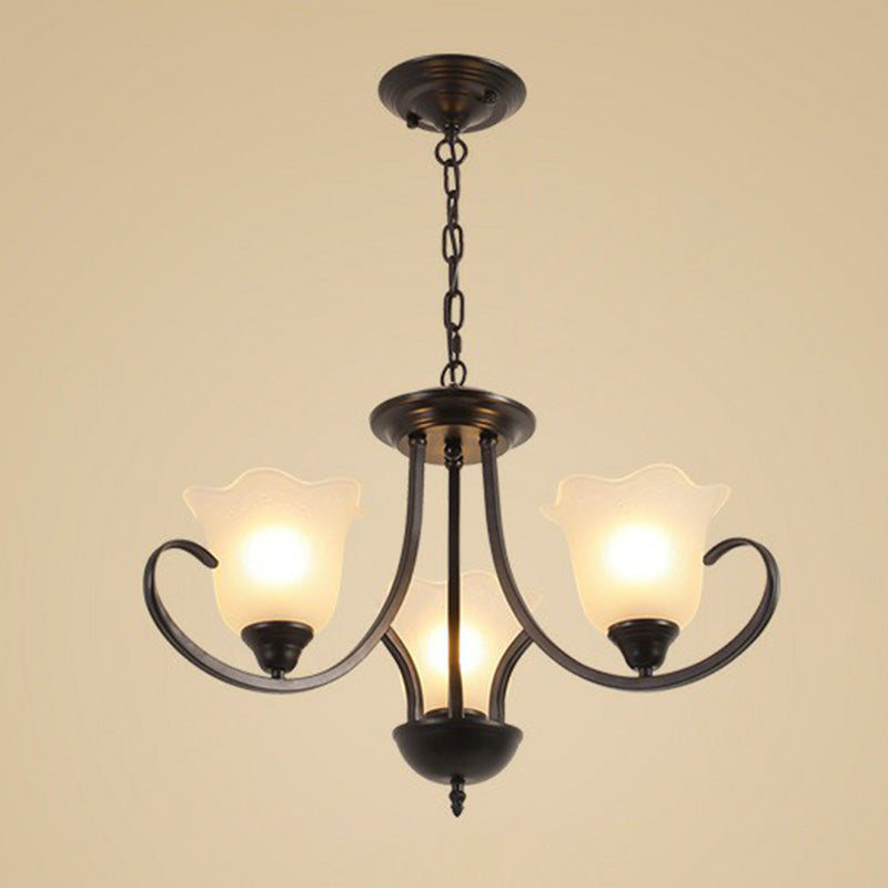 Classic Floral Chandelier Lighting Iron Pendant Light with Ruffled Cream Glass Shade