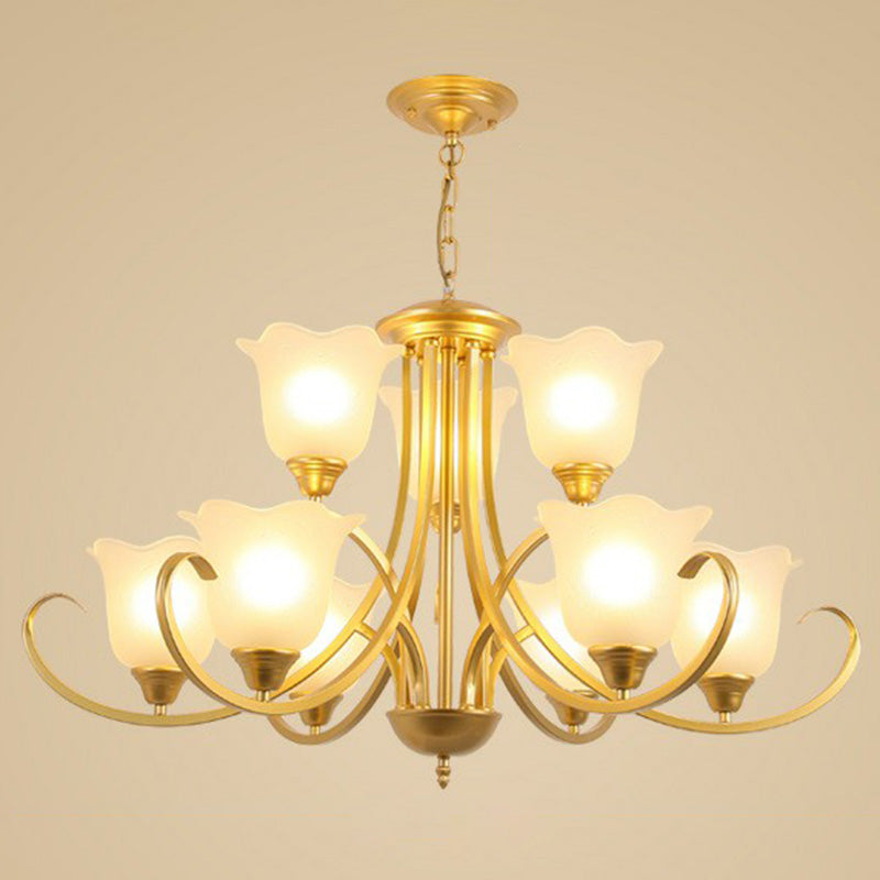 Classic Floral Chandelier Lighting Iron Pendant Light with Ruffled Cream Glass Shade