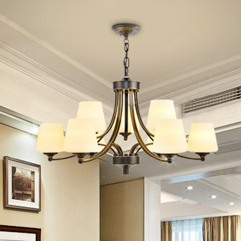 Tapered Shade White Frost Glass Suspension Light Rustic Living Room Chandelier Light