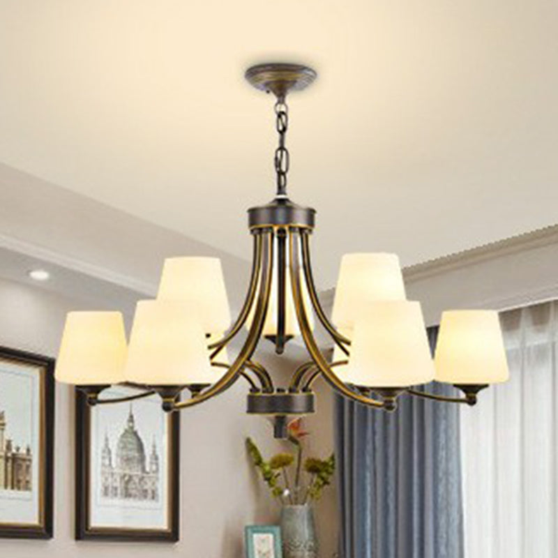 Tapered Shade White Frost Glass Suspension Light Rustic Living Room Chandelier Light