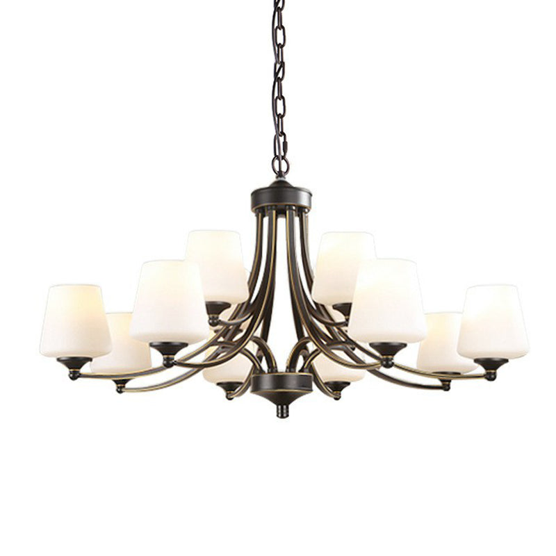 Tapered Shade White Frost Glass Suspension Light Rustic Living Room Chandelier Light