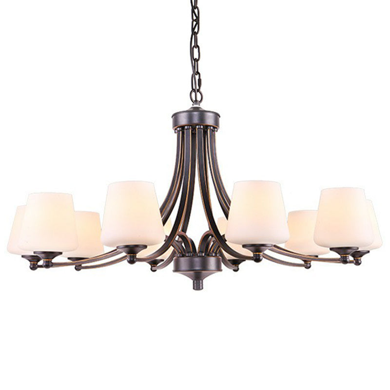 Tapered Shade White Frost Glass Suspension Light Rustic Living Room Chandelier Light