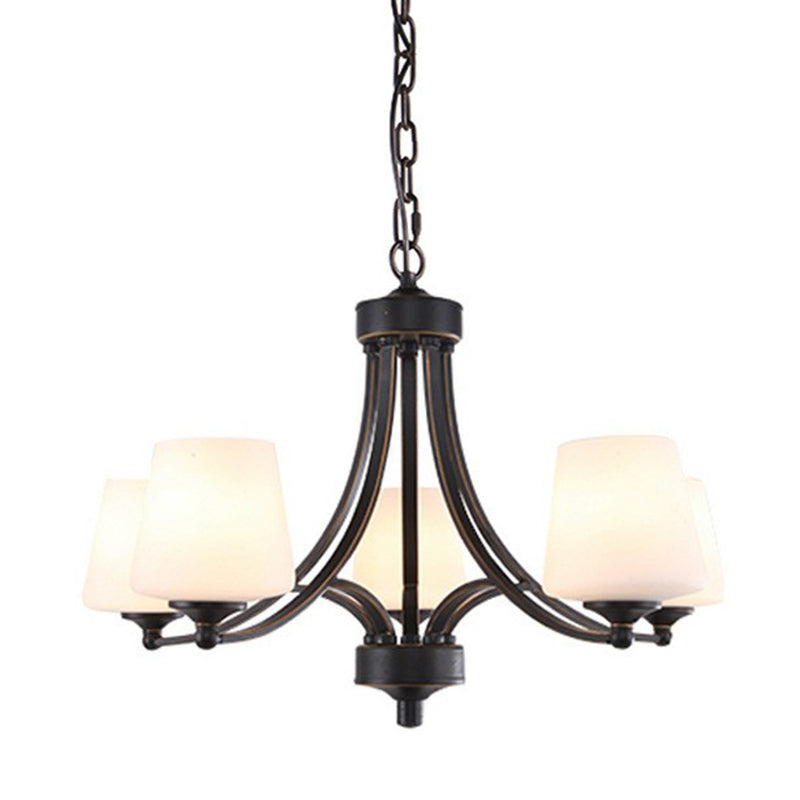 Tapered Shade White Frost Glass Suspension Light Rustic Living Room Chandelier Light