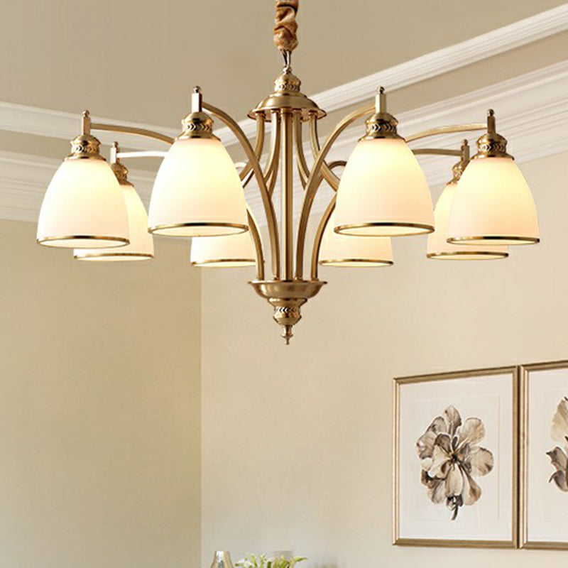 Gold Bell Chandelier Lighting Classic Cream Glass Living Room Pendant Light Fixture