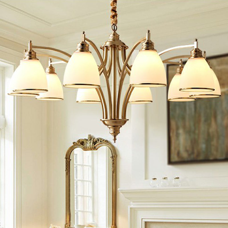 Gold Bell Chandelier Lighting Classic Cream Glass Living Room Pendant Light Fixture