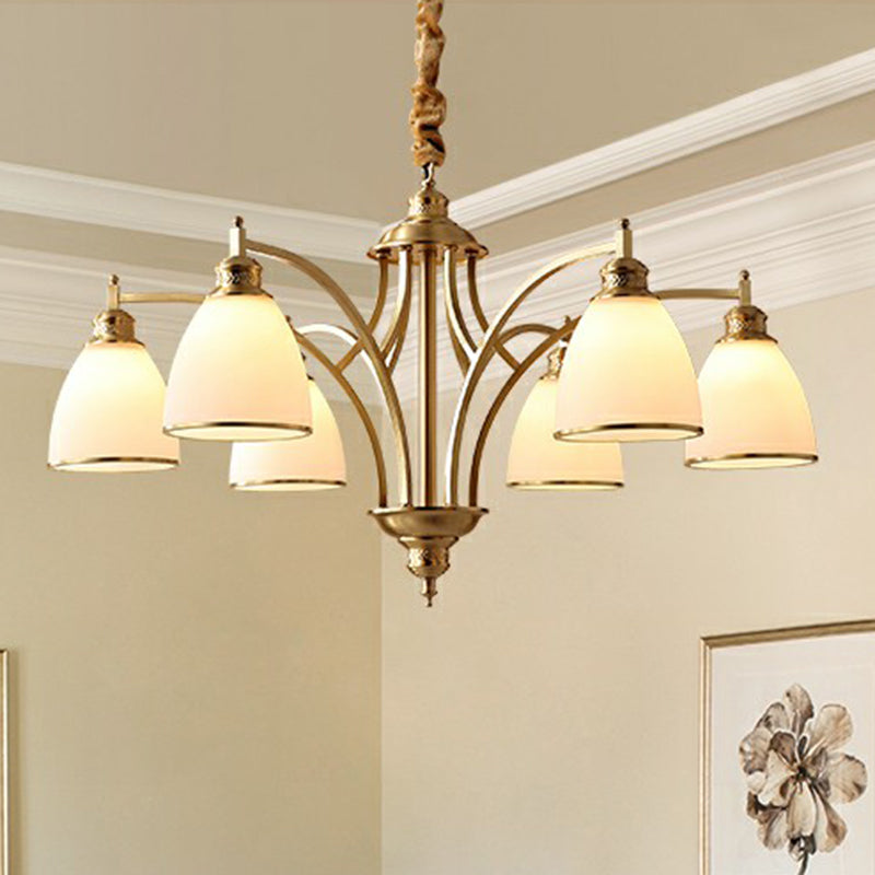 Gold Bell Chandelier Lighting Classic Cream Glass Living Room Pendant Light Fixture