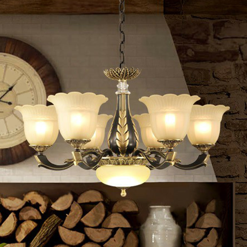 Frostglas goldschwarzer Kronleuchter hell Blumenretro-Anhängerleuchte für Esszimmer