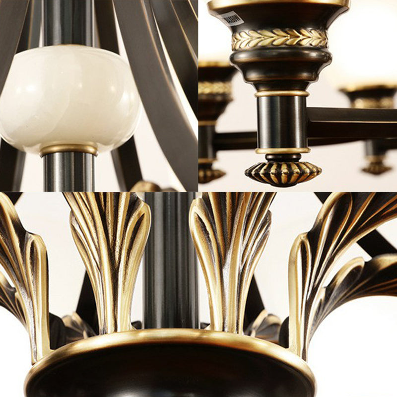 Cream Glass Flared Shade Chandelier Pendant Light Vintage Living Room Hanging Light in Black