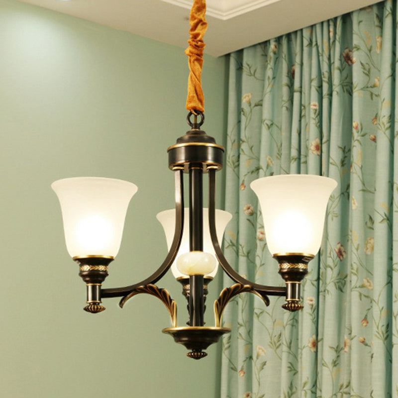 Cream Glass Flared Shade Chandelier Pendant Light Vintage Living Room Hanging Light in Black