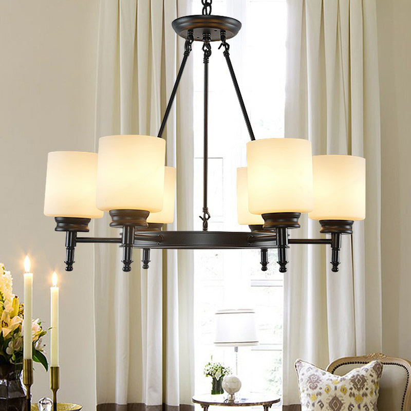Retro Cylinder Shaped Chandelier Light Opal Glass Pendant Light Fixture for Living Room