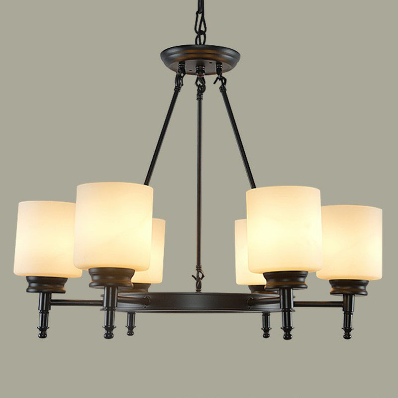 Retro Cylinder Shaped Chandelier Light Opal Glass Pendant Light Fixture for Living Room