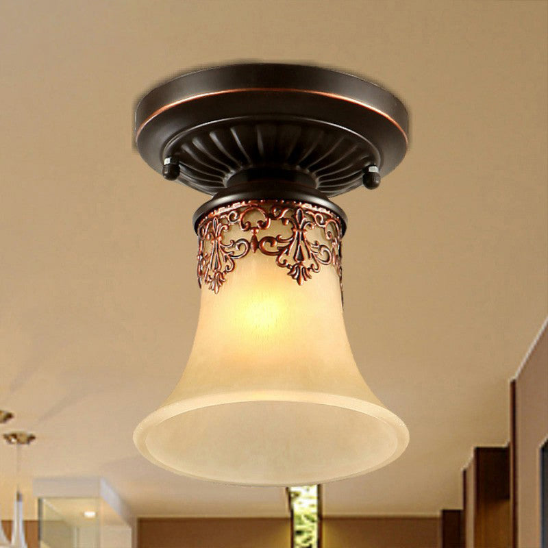 Flared Shaped Frost Beige Glass Flush Mount Light Retro 1-Light Entryway Semi Flush Ceiling Light with Filigree