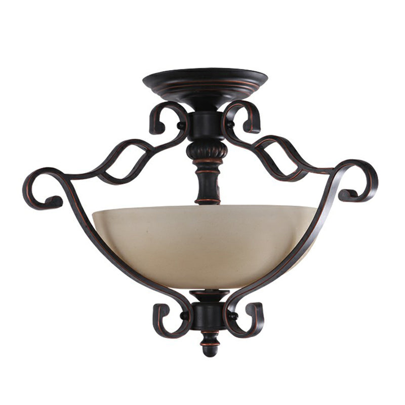 Copper Single Semi Flush Light Rustic Iron Scrolled Ceiling Flush Mount with Bowl Beige Glass Shade