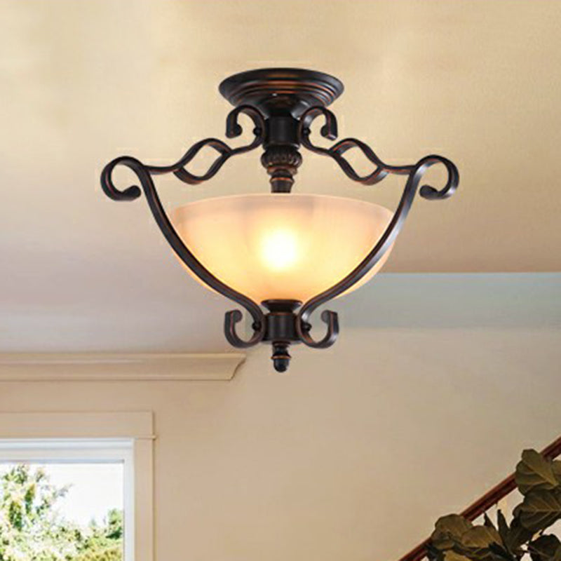 Copper Single Semi Flush Light Rustic Iron Scrolled Ceiling Flush Mount with Bowl Beige Glass Shade