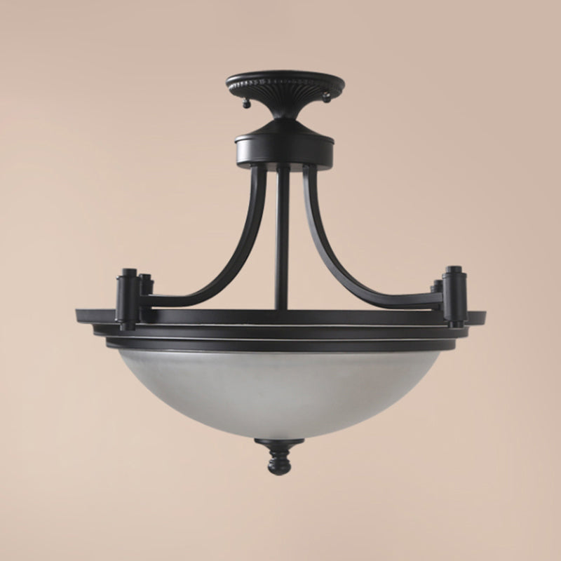 Bowl Shade Frost Glass Semi Flush Mount Vintage 3 Bulbs Entryway Ceiling Mounted Light in Black