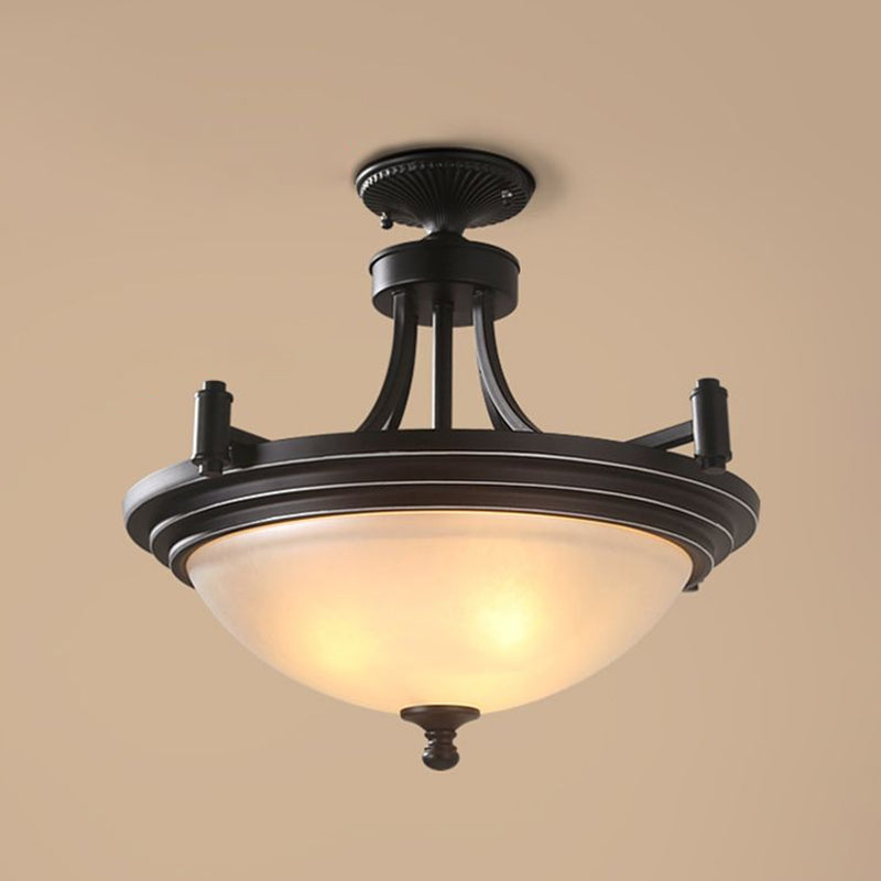 Bowl Shade Frost Glass Semi Flush Mount Vintage 3 Bulbs Entryway Ceiling Mounted Light in Black