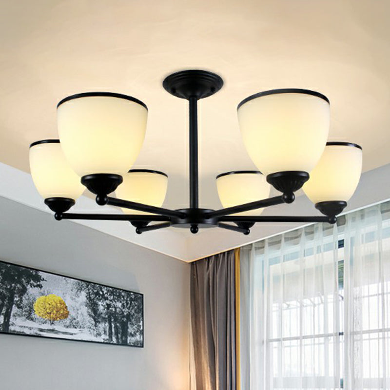 Metallic Radial Semi Flush Mount Light Retro Schlafzimmer Deckenmontage Kronleuchter mit Bellcremeglas Schatten in Schwarz