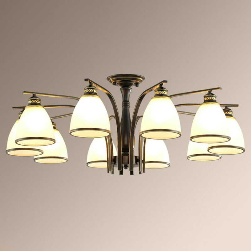Rustic Bowl Shaped Semi Flush Frost Glass Ceiling Mount Chandelier for Living Room