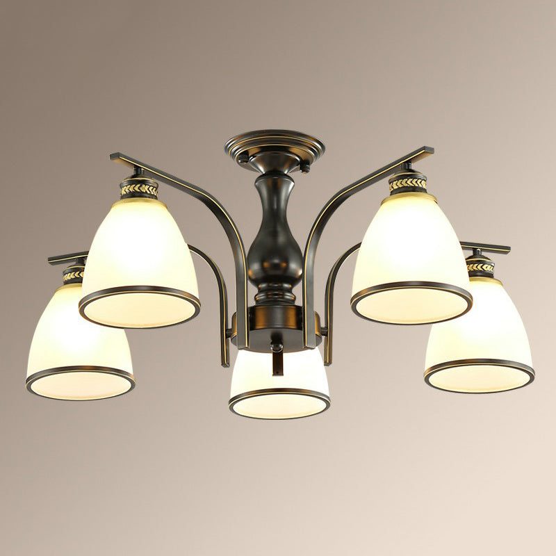 Rustic Bowl Shaped Semi Flush Frost Glass Ceiling Mount Chandelier for Living Room