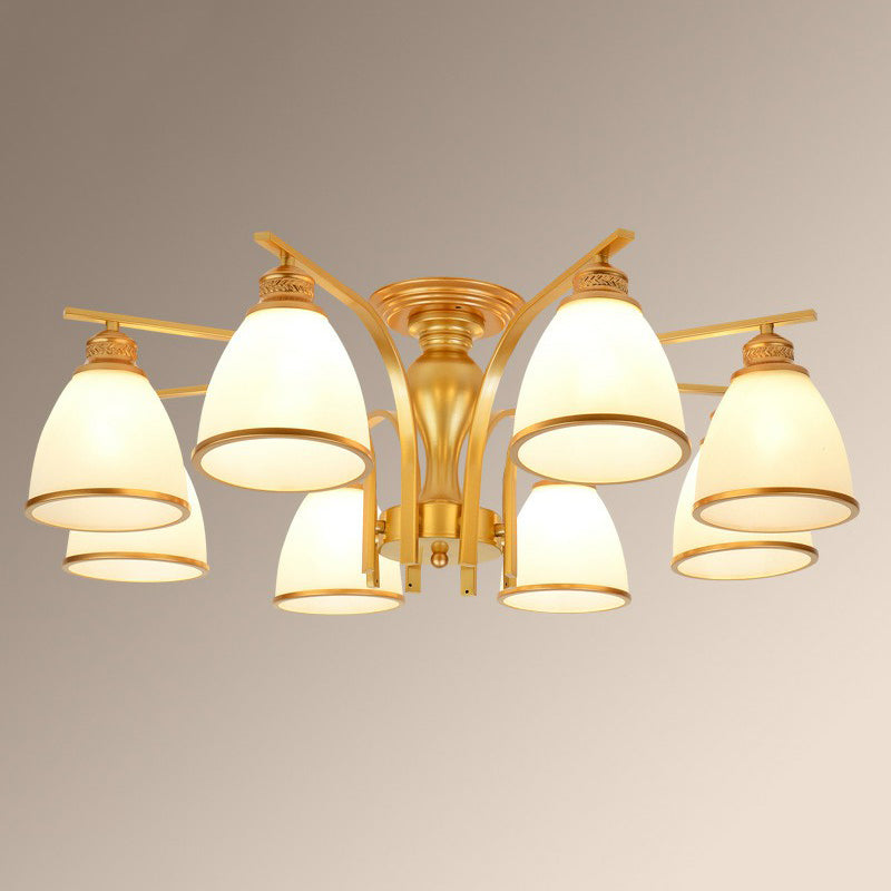 Rustic Bowl Shaped Semi Flush Frost Glass Ceiling Mount Chandelier for Living Room